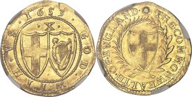 Commonwealth gold Double Crown 1653 MS64 NGC, S-3210, N-2717. Sun mm. A notoriously crudely struck type, hardly ever represented in grades approaching...