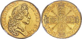 William III gold "Fine Work" 5 Guineas 1701 AU58 NGC, KM508, S-3456. Plain scepters. The celebrated "Fine Work" portrait owes its creation to the mint...