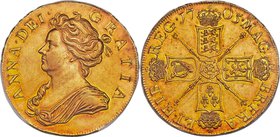 Anne gold 5 Guineas 1705 AU55 PCGS, KM520.2, S-3560. A fabulous offering--the second 5 Guineas issued during Anne's reign featuring the slimmer pre-Un...
