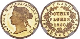 Victoria gold Proof Pattern Double Florin 1868 PR65 Cameo NGC, W&R-372 (R4). Plain edge. By William Wyon. An enchanting offering, one of the most uniq...