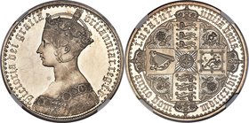 Victoria Proof "Gothic" Crown 1847 PR63+ Cameo NGC, KM744, S-3883, ESC-2578 (R2). Plain edge, N over inverted N in UNITA. By William Wyon. Struck in p...