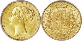 Victoria gold "4 over Inverted 4" Sovereign 1846 MS63 PCGS, KM736.1, S-3852, Marsh-Unl. 4 over inverted 4 in date, all other digits double-punched. Al...