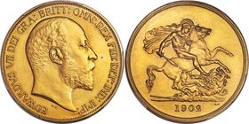 Edward VII gold Matte Proof 5 Pounds 1902 PR63 PCGS, KM807, S-3966. Edward VII's coronation Proof Set was notable in that each coin received a matte f...