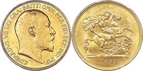 Edward VII gold 5 Pounds 1902 MS62+ PCGS, KM807, S-3965. More seldom encountered than its matte Proof counterparts from the Coronation set of the same...