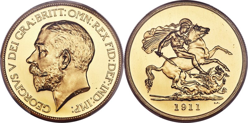 George V gold Proof 5 Pounds 1911 PR65 PCGS, KM822, S-3994. Of a quality far rem...