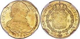 Charles IV gold 4 Escudos 1789 NG-M AU53 NGC, Guatemala City mint, KM48. Tied for highest graded by either NGC or PCGS with just one other, and an alt...