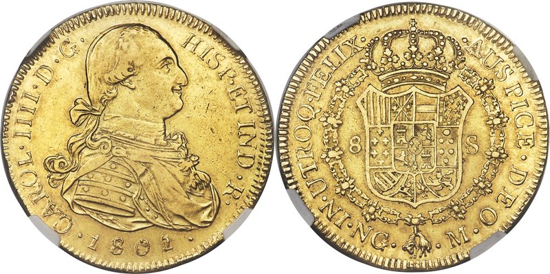 Charles IV gold 8 Escudos 1801/797 NG-M AU53 NGC, Guatemala City mint, KM58, Onz...