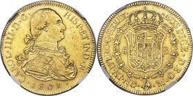 Charles IV gold 8 Escudos 1801/797 NG-M AU53 NGC, Guatemala City mint, KM58, Onza-977. An extremely rare and rather dramatic overdate in which the ent...