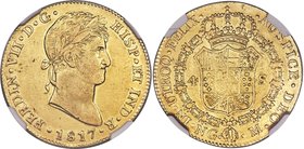 Ferdinand VII gold 4 Escudos 1817 NG-M AU55 NGC, Guatemala City mint, KM73. Very rare in this grade, and not often encountered at auction--an 1817 4 E...