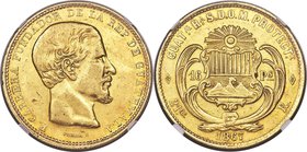 Republic gold 16 Pesos 1867-R AU55 NGC, KM188, Fr-39. Mintage: 467. Amongst the finest of this key date-denomination combination, a piece difficult to...