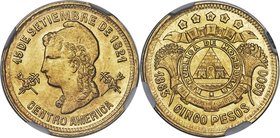 Republic gold 5 Pesos 1883 MS66+ NGC, KM53. By far the highest graded specimen of this Latin American rarity, far superior to the Eliasberg example we...