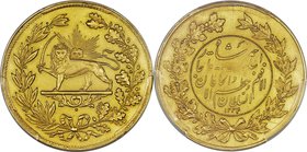 Ahmad Shah gold 5 Toman AH 1334/2/1 (1915) UNC Details (Mount Removed) PCGS, KM1075, Rabino-83. Obv. Iranian lion brandishing sword, sun in wreath. Re...