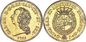 Sardinia. Carlo Emanuele III gold 5 Doppie (Carlino) 1755 AU55 NGC, Turin mint, KM53, MIR-941a (R5), Mont-117 (R3). 48.00gm. A fully inviting offering...