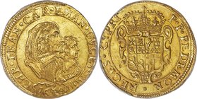 Savoy. Carlo Emanuele II & Maria Cristina gold 4 Scudo d'Oro 1640 MS64 PCGS, KM172.1, MIR-738b. Struck during Carlo's regency, where he ruled alongsid...