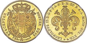 Tuscany. Leopold II gold 80 Fiorini 1828 MS63+ NGC, Florence mint, KM-C78. The second and final year of this two-year type. Bold, prooflike and with a...