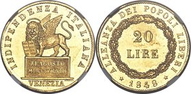 Venice. Revolutionary gold 20 Lire 1848 MS64 Prooflike NGC, KM806, Fr-1518, Pag-176. Notable both as being tied for the finest-certified example of th...