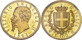 Vittorio Emanuele II gold 100 Lire 1864 T-BN MS62 NGC, Turin mint, KM19.1, Fr-8. Of undeniably superior quality for the issue, which is already elusiv...