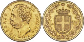 Umberto I gold 100 Lire 1883-R MS62 PCGS, Rome mint, KM22, Fr-18. Mintage: 4,219. A sparkling semi-prooflike selection displaying a distinguished and ...