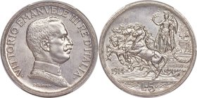 Vittorio Emanuele III 5 Lire 1914-R MS64 PCGS, Rome mint, KM56. A veritable masterpiece of engraving, this charming near-gem exhibits uniform dove-gra...