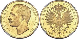 Vittorio Emanuele III gold 100 Lire 1905-R MS61+ NGC, Rome mint, KM39. Mintage: 1,012. A scarce one-year type offering prooflike qualities and mirrore...