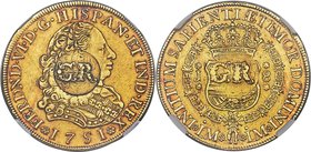 British Colony gold Counterstamped 5 Pounds ND (1758) AU50 NGC, KM11.4, Prid-1, Gordon-1 (this coin). Struck on a 1751 Peru 8 Escudos, counterstamped ...