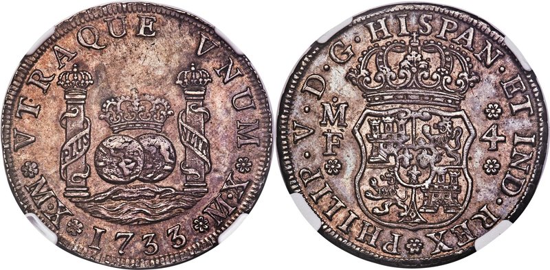 Philip V 4 Reales 1733 Mo-MX/XM MS63 NGC, Mexico City mint, KM94. An exceptional...