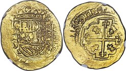 Philip V gold Cob 8 Escudos ND (1701-1713) MXo-J MS64 NGC, Mexico City mint, KM57.1, Fr-6. 26.85gm. Struck on an elongated flan, with the result that ...