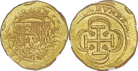 Philip V gold Cob "Date on Reverse" 8 Escudos 1714 Mo-J MS65 NGC, Mexico City mint, KM57.3, Cal-107. 26.92gm. Silken throughout its golden surfaces, e...