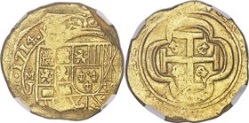 Philip V gold Cob "Date on Obverse" 8 Escudos 1714 Mo-J MS63 NGC, Mexico City mint, KM57.2, Cal-108. 27.06gm. An incredibly alluring type to be sure, ...