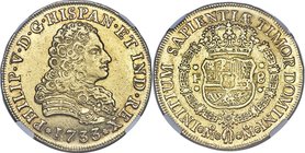 Philip V gold 8 Escudos 1733 Mo-F AU53 NGC, Mexico City mint, KM148 (Rare), Onza-422. A rare early date in the series, which spans the years 1732 to 1...