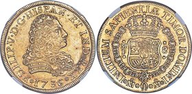 Philip V gold 8 Escudos 1736/5 Mo-MF MS61 NGC, Mexico City mint, cf. KM148 (unlisted overdate), cf. Onza-429 (same). Astoundingly charming, this lumin...