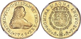 Ferdinand VI gold 8 Escudos 1748 Mo-MF MS61 NGC, Mexico City mint, KM150, Onza-598. Almost fully struck, the high-relief design of this type presents ...