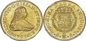 Ferdinand VI gold 8 Escudos 1751/0 Mo-MF MS62 NGC, Mexico City mint, KM150. A shimmering Mint State representative of this scarce overdate, which is b...
