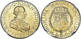 Charles III gold "Order on Chest" 8 Escudos 1761 Mo-MM AU55 NGC, Mexico City mint, KM154, Onza-743. Order-on-chest variety. This special issue was pro...