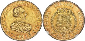 Charles III gold "Order at Date" 8 Escudos 1761 Mo-MM AU55 NGC, Mexico City mint, KM153, Onza-742. Order at date variety. The single second-highest gr...