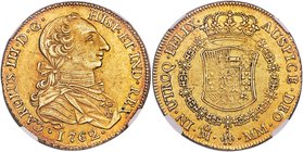 Charles III gold 8 Escudos 1762 Mo-MM AU58 NGC, Mexico City mint, KM155, Onza-744. Notable as the first date of issue for the "rat-nose" bust, this sc...