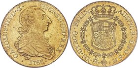 Charles III gold 8 Escudos 1766 Mo-MF AU58 NGC, Mexico City mint, KM155, Onza-752. A rare date, missing in both Gerber and Eliasberg, this near-uncirc...