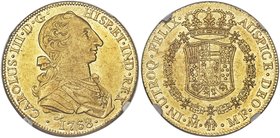Charles III gold 8 Escudos 1768 Mo-MF AU58 NGC, Mexico City mint, KM155, Onza-754 (dot after date). Benefitting from a sound strike, this desirable of...