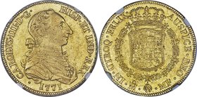 Charles III gold 8 Escudos 1771 Mo-MF AU55 NGC, Mexico City mint, KM155, Onza-758. The last date of issue for the "Rat Nose" type, this sun-gold selec...