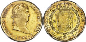 Guadalajara. Ferdinand VII gold 8 Escudos 1821 GA-FS MS61 NGC, Guadalajara mint, KM161.1, Onza-1205. Normal bust type. The single highest graded examp...