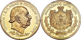 Nicholas I gold Proof "Bare Head" 100 Perpera 1910 PR62 Deep Cameo PCGS, Vienna mint, KM12, Fr-1. Mintage: 25. Variety featuring Nicholas facing right...