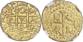 Philip V gold Cob 2 Escudos 1709 L-M MS64 NGC, Lima mint, KM36, CT-303. 6.69gm. An unusually strong type representative featuring a clear display of a...