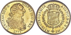 Charles III gold 8 Escudos 1771 LM-JM MS62 NGC, Lima mint, KM73, Onza-689. Type II, modified "semi rat-nose" bust. Representing the finest graded exam...