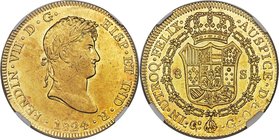 Ferdinand VII gold 8 Escudos 1824 Co-G MS61 NGC, Cuzco mint, KM129.2. A popular one-year type in astounding preservation, tied for finest graded by NG...