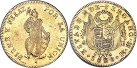 North Peru. Republic gold 8 Escudos 1838 LM-M AU53 NGC, Lima mint, KM156, Fr-87. Dash between Nor-Peruano variety. Notable as a rare, one-year type, t...