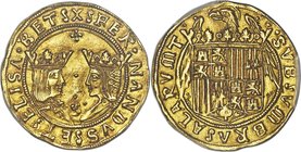 Ferdinand & Isabella gold 2 Excelentes ND (1476-1516) MS63 PCGS, Seville mint, Fr-129, Cay-2938, Cal-73. Obv. Crowned busts facing, an S mintmark betw...