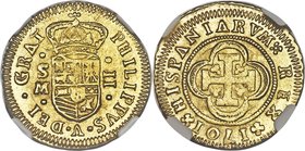 Philip V gold 2 Escudos 1701 S-M MS64 NGC, Seville mint, KM254. Value marked as 'II'. The single highest certified specimen of this type by NGC or PCG...