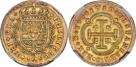 Philip V gold 4 Escudos 1719 M-F AU58 NGC, Madrid mint, KM314.1, Cal-220. Milled issue. Exceedingly difficult to acquire, not just as a date but as a ...