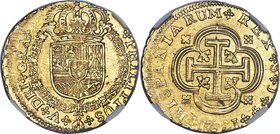 Philip V gold 4 Escudos 1721 S-J MS64 NGC, Seville mint, KM314.2, Cal-282. 13.50gm. Milled issue. The milled 4 Escudos of Philip V's reign are virtual...