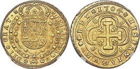 Philip V gold 8 Escudos 1704 S-P MS63 NGC, Seville mint, KM260, Fr-247. A pleasing specimen of this large gold issue, fully choice with bold striking ...